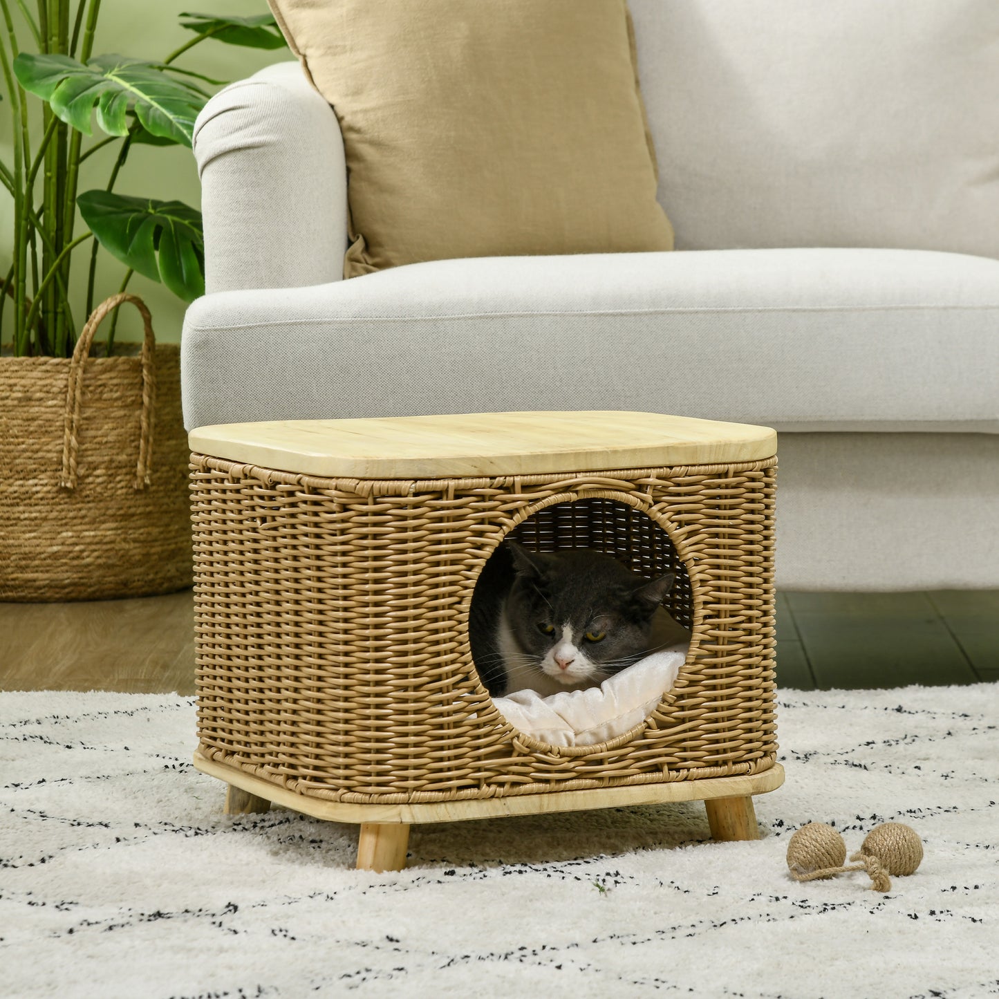 PawHut Elevated Design Wicker Cat House with Washable Cushion in Light Brown-8
