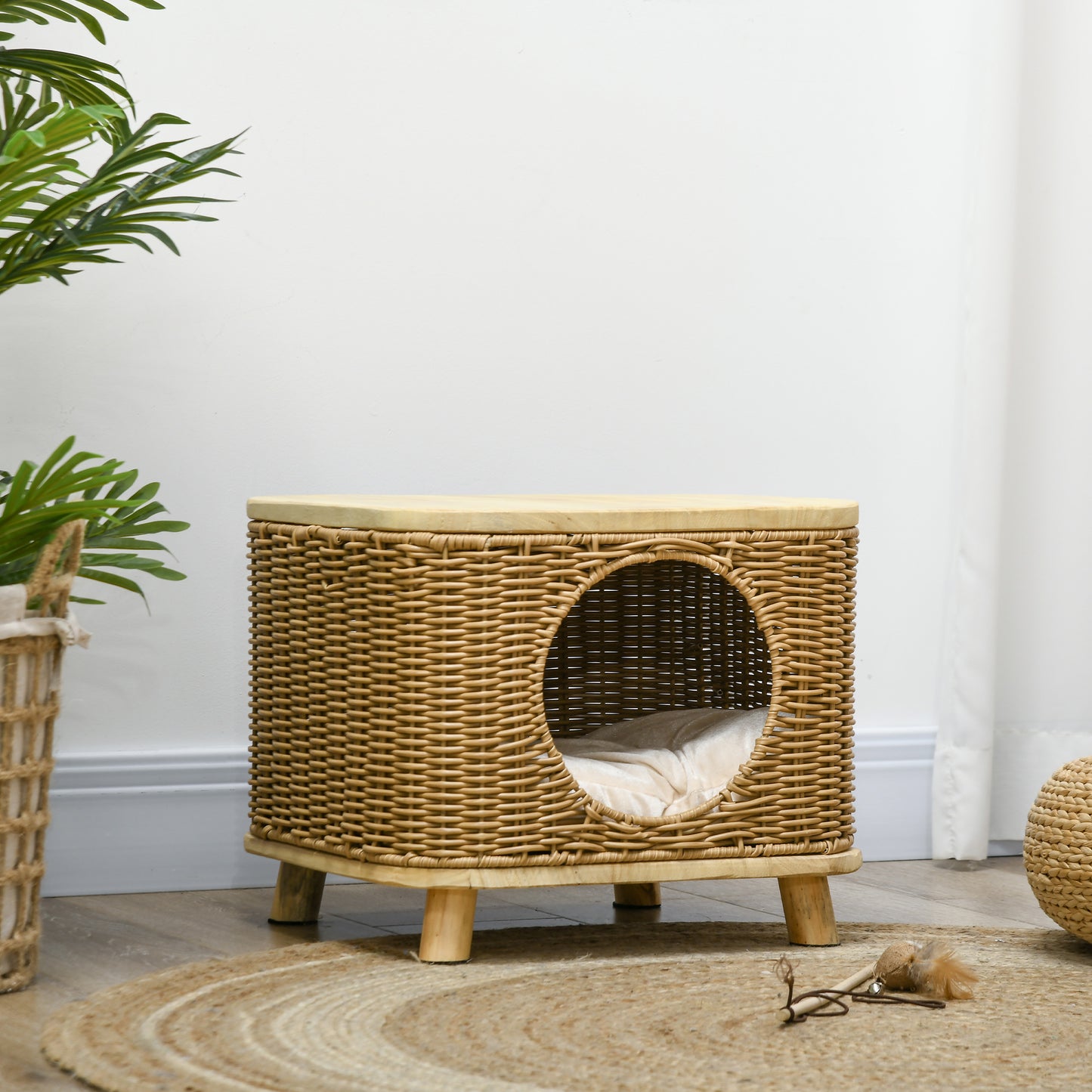 PawHut Elevated Design Wicker Cat House with Washable Cushion in Light Brown-5