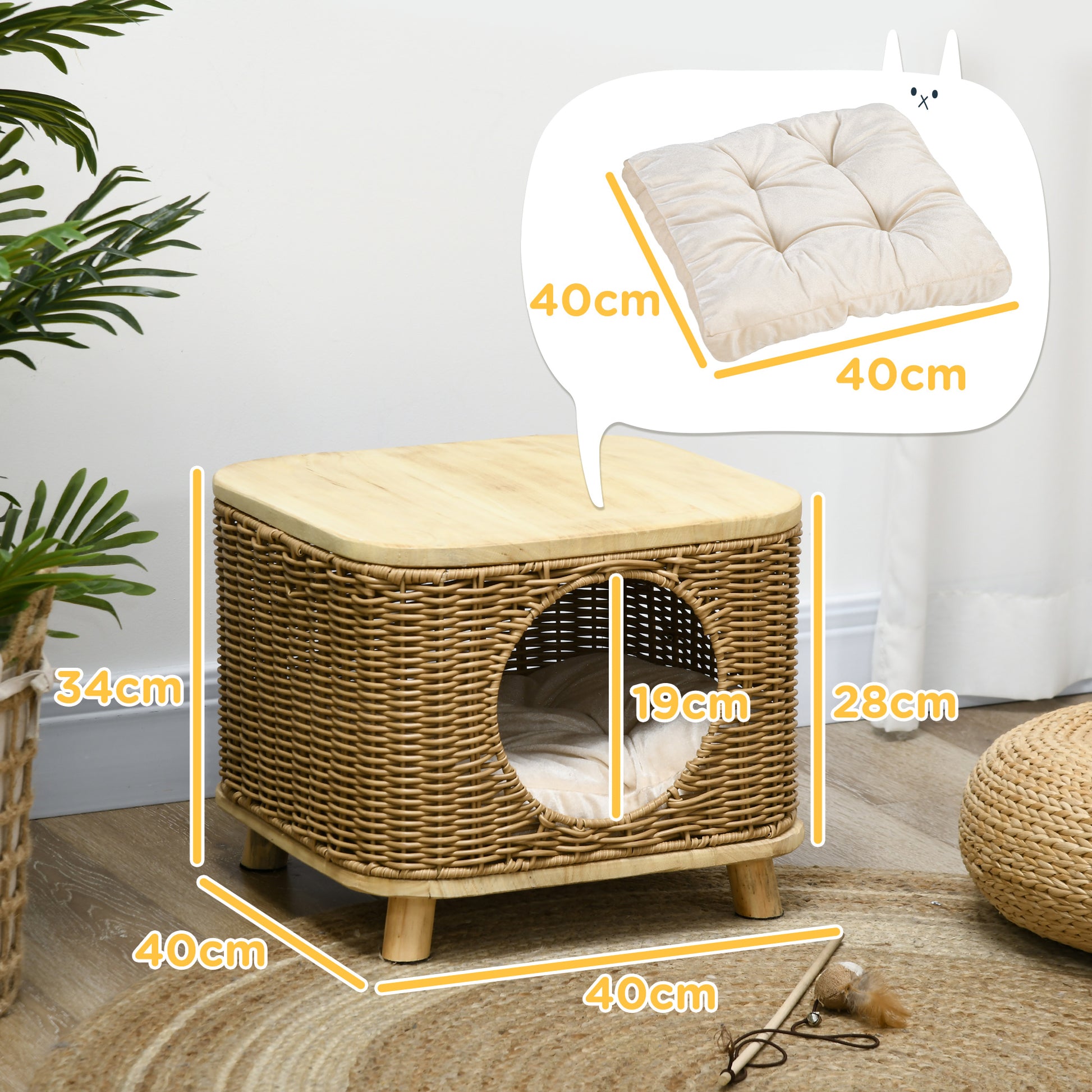 PawHut Elevated Design Wicker Cat House with Washable Cushion in Light Brown-1