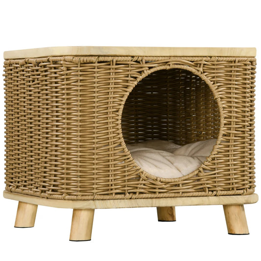 PawHut Elevated Design Wicker Cat House with Washable Cushion in Light Brown-0